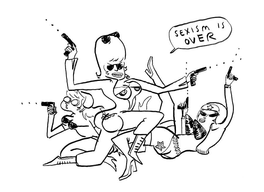 Three women barely clad in over-the-top 