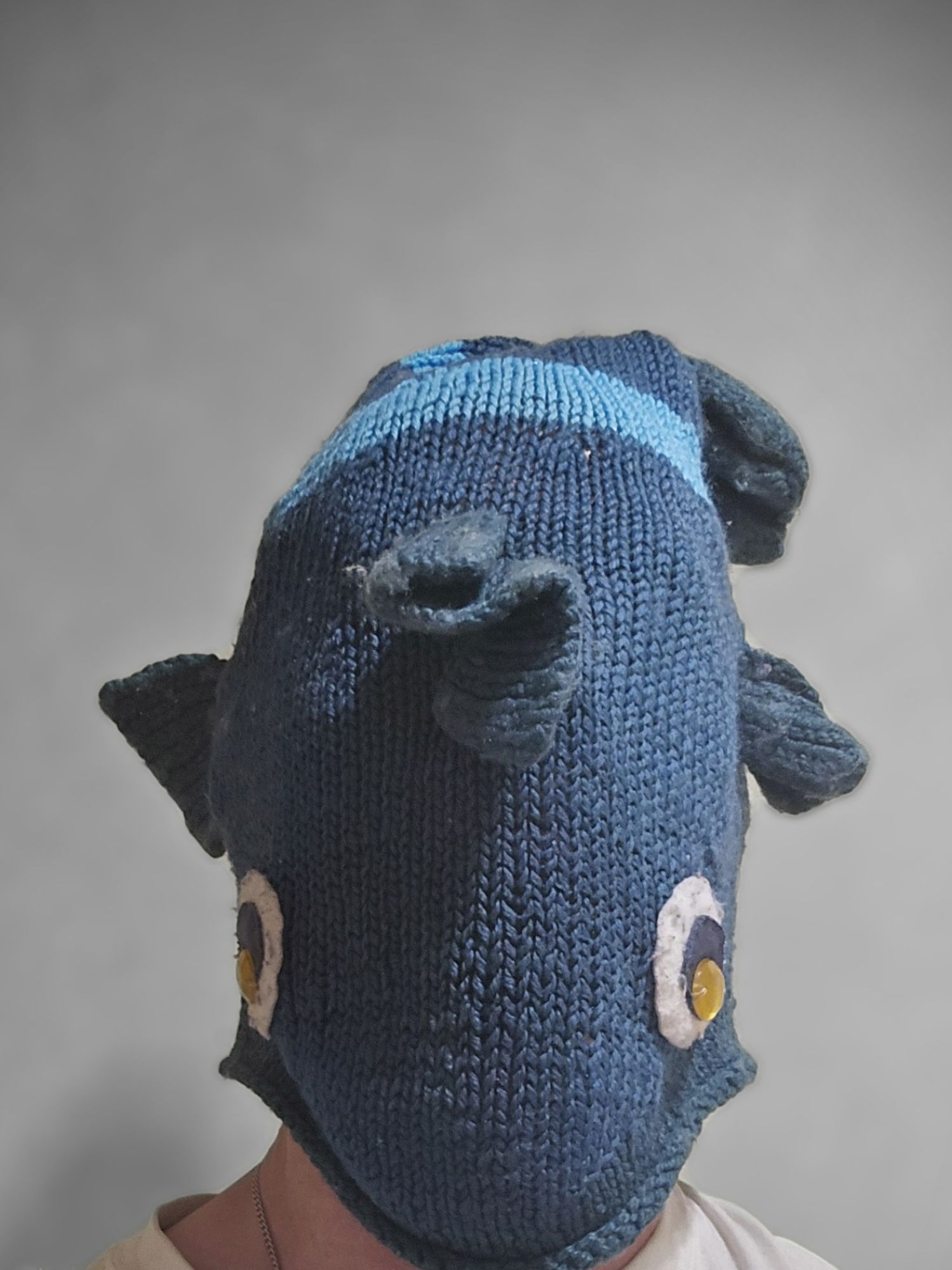 The author's head, swallowed whole by a silly knit hat shaped like a fish.