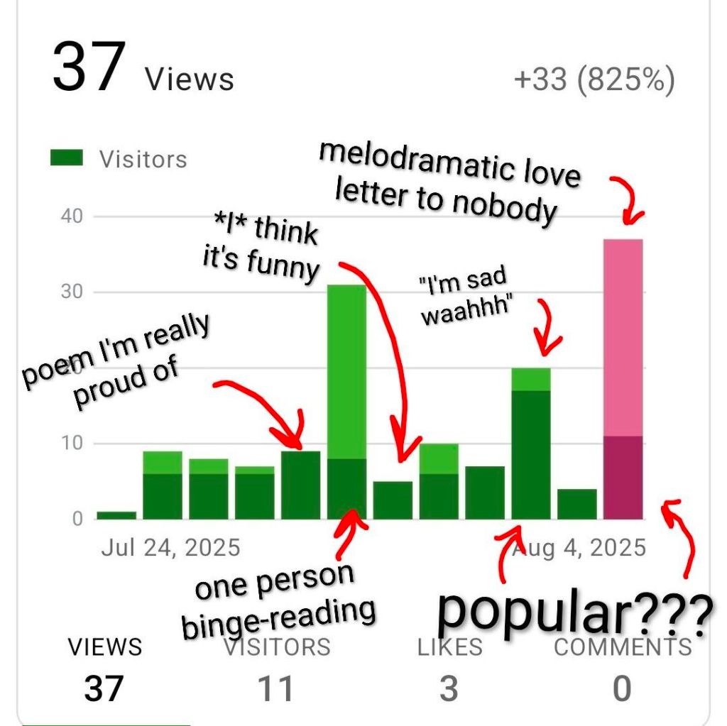 A bar chart showing views and visitors for the author's blog. Mostly short bars, two of which are labeled "poem I'm really proud of" and "I think it's funny." Three taller bars, labeled "one person binge-reading," "I'm sad waahhh," and "melodramatic love letter to nobody." The last two are also labeled "popular???"