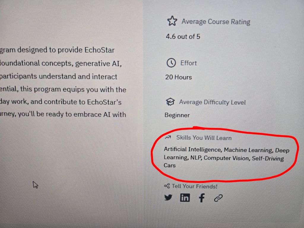 An online AI Training course intruduction. In the bottom right, circled in red, it says "Skills You Will Learn: Artificial Intelligence, Machine Learning, Deep Learning, NLP, Computer Vision, Self-Driving Cars"