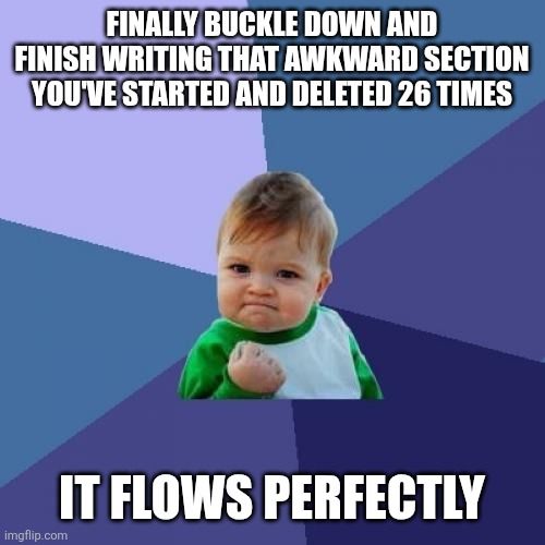 The "Success Kid" meme. Top text: "Finally buckle down and finish writing that awkward section you've started and deleted 26 times." Bottom text: "IT FLOWS PERFECTLY"
