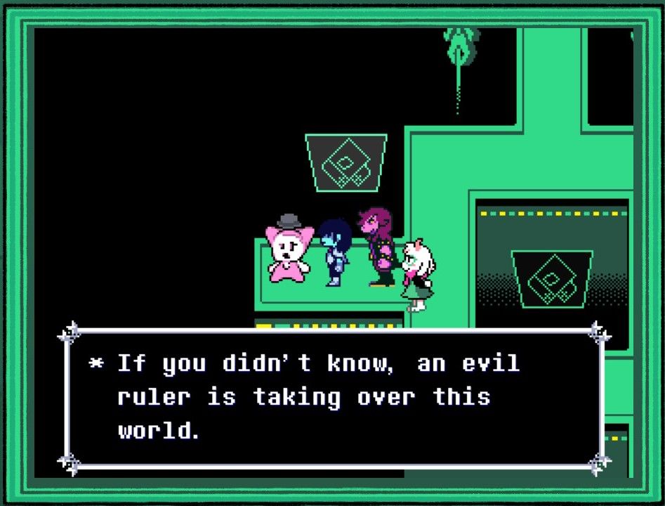 A friendly monster shaped like an electrical outlet talks to a group of heroes: "If you didn't know, an evil ruler is taking over this world."