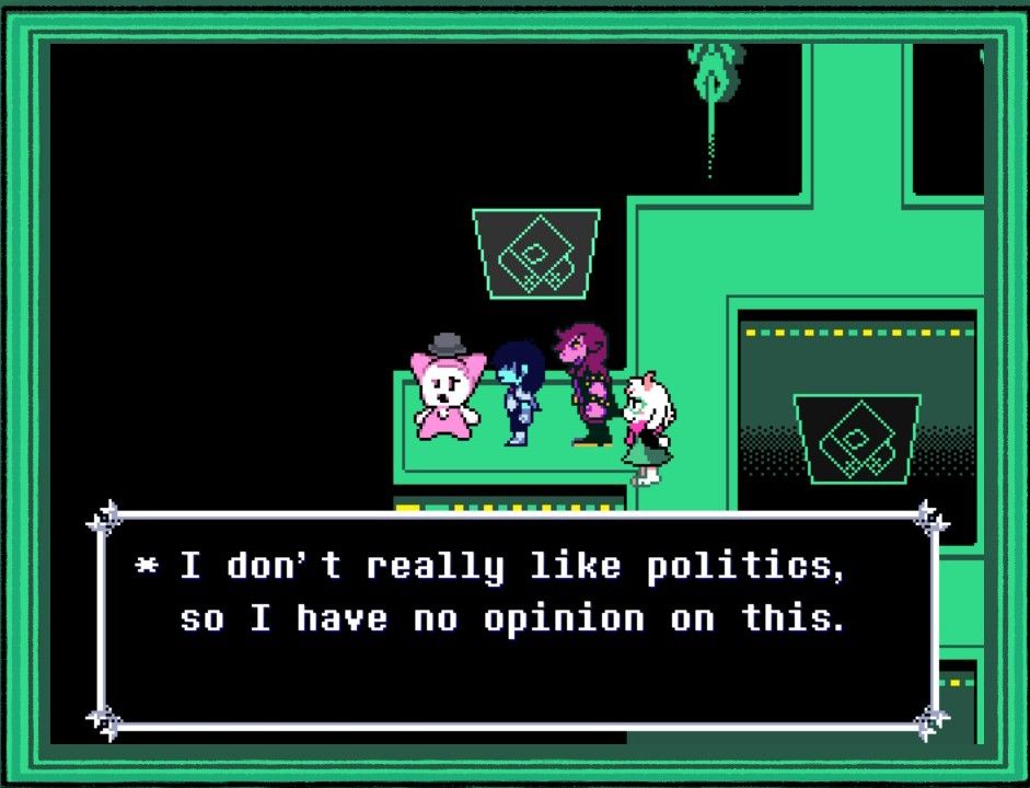 A friendly monster shaped like an electrical outlet talks to a group of heroes: "I don't really like politics, so I have no opinion on this."