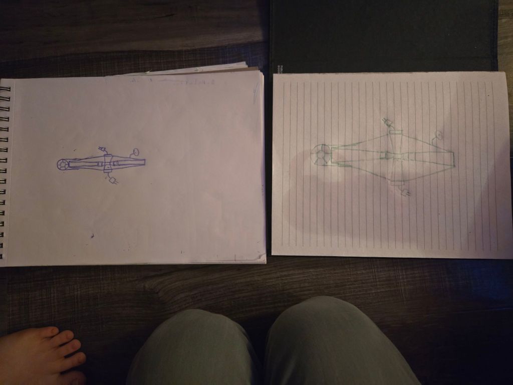 Two simple but evocative line drawings of the Millennium Falcon from Star Wars, nose-on view. The one on the right is fat and lopsided.