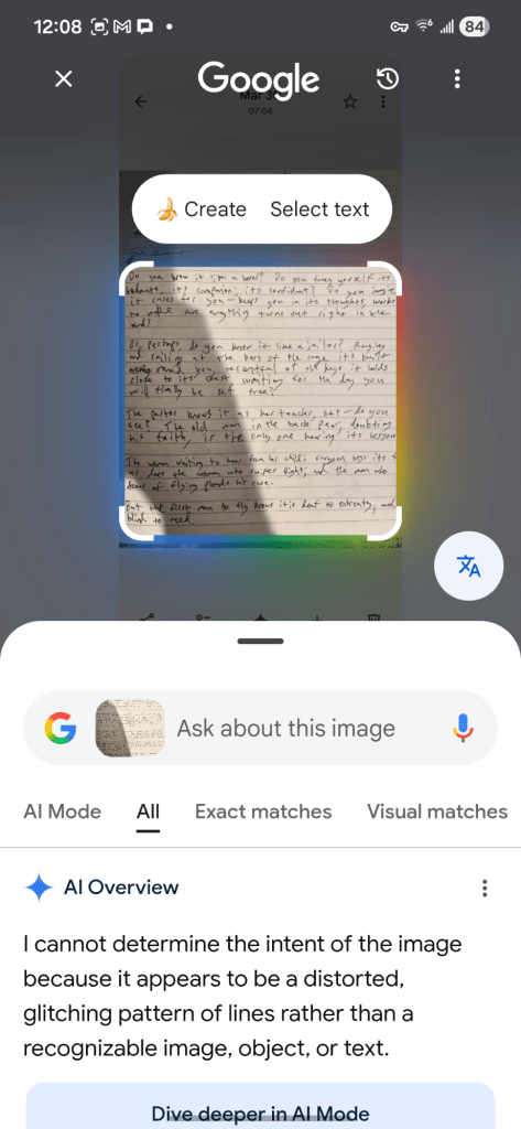 The crop has been re-adjusted to its previous position. The AI: "I cannot determine the intent of the image because it appears to be a distorted, glitching pattern of lines rather than a recognizable image, object, or text."
