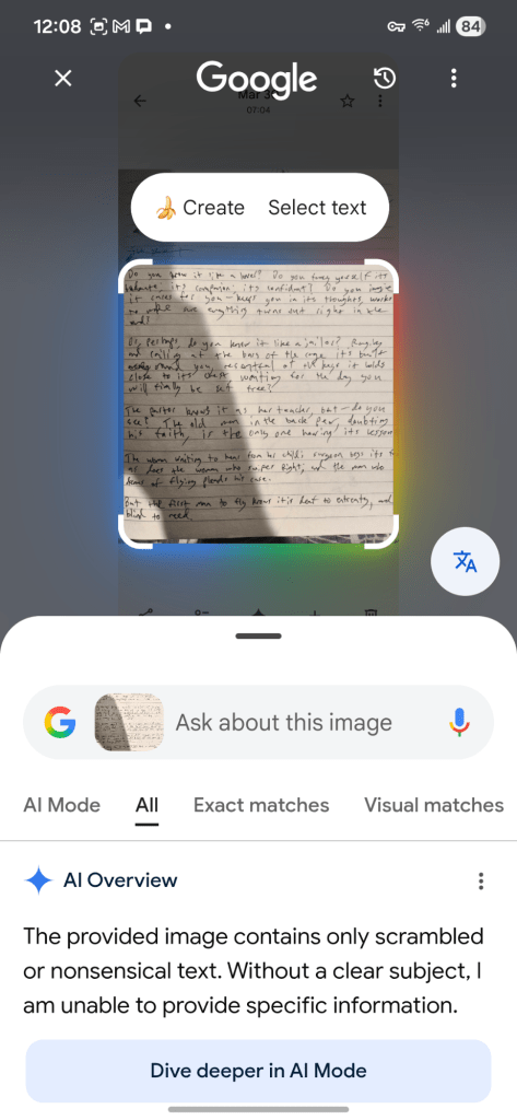 The same page, cropped ever-so-slightly differently. "The provided image contains only scrambled or nonsensical text. Without a clear subject, I am unable to provide specific information."
