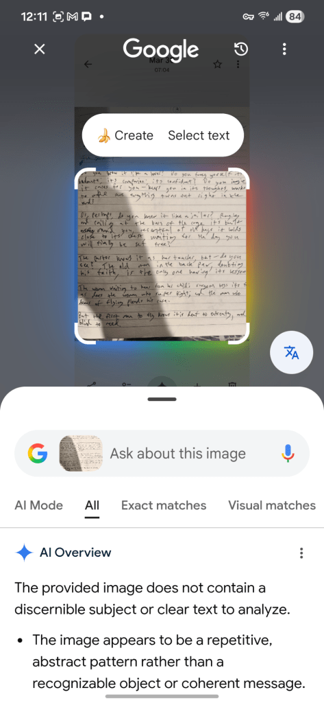 The crop has been adjusted so that the first line of text is partially cut off. "The provided image does not contain a discernible subject or clear text to analyze. The image appears to be a repetitive, abstract pattern rather than a recognizable object or coherent message."