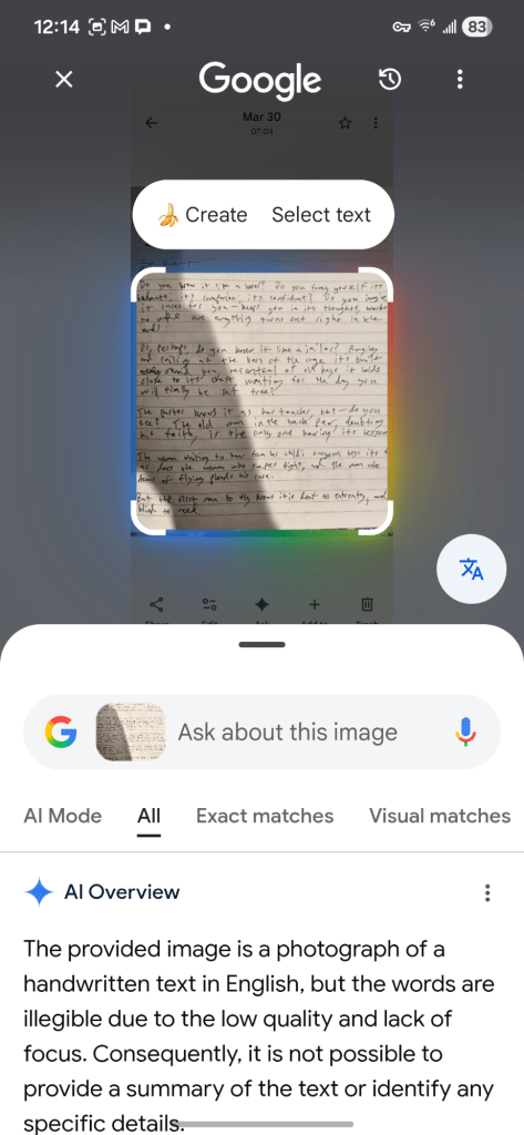 The same page, cropped nearly identically to the previous image. The AI analysis now reads: "The provided image is a photograph of a handwritten text in English, but the words are illegible due to the low quality and lack of focus. Consequently, it is not possible to provide a summary of the text or identify any specific details."