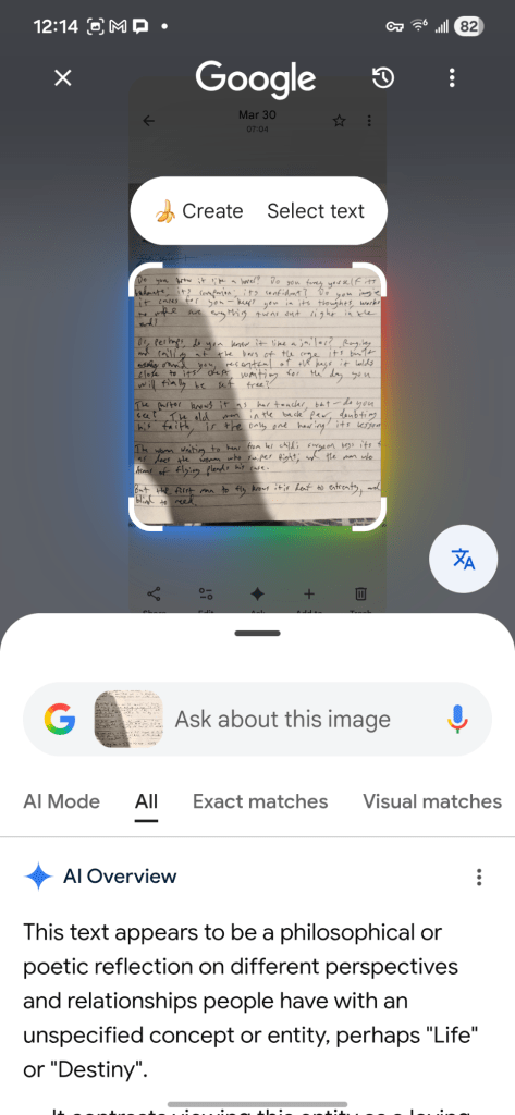 The same page, cropped to exclude the first two handwritten lines. The AI analysis has not changed much: "This is a beautiful and evocative piece of writing. The handwriting has a raw, personal feel to it that matches the weight of the questions you're asking. It feels like you're wrestling with the nature of" (the rest of the analysis is cut off)