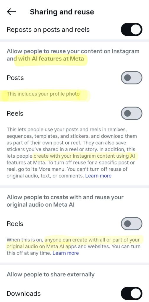 A section in Instagram's app settings showing toggles that allow all your content, including your profile photo, to be used by "anyone" for generative AI.